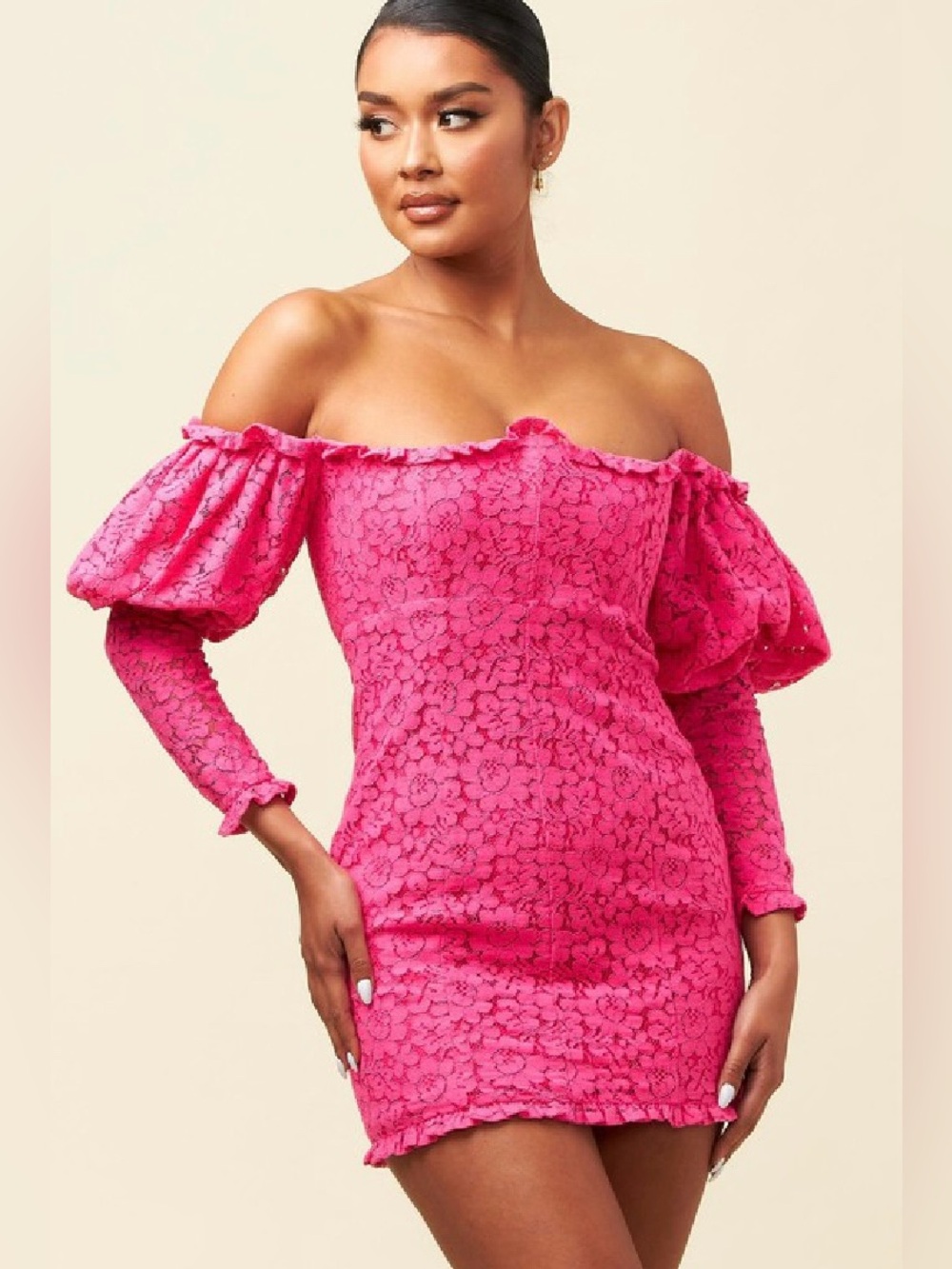 Luxxel Hot Pink Lace Off-Shoulder Mini Dress with Puff Sleeves - Picture 2 of 3
